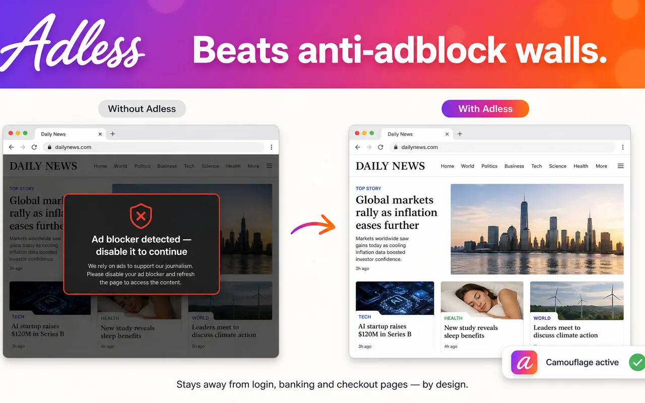 A news site's anti-adblock wall, before and after Adless