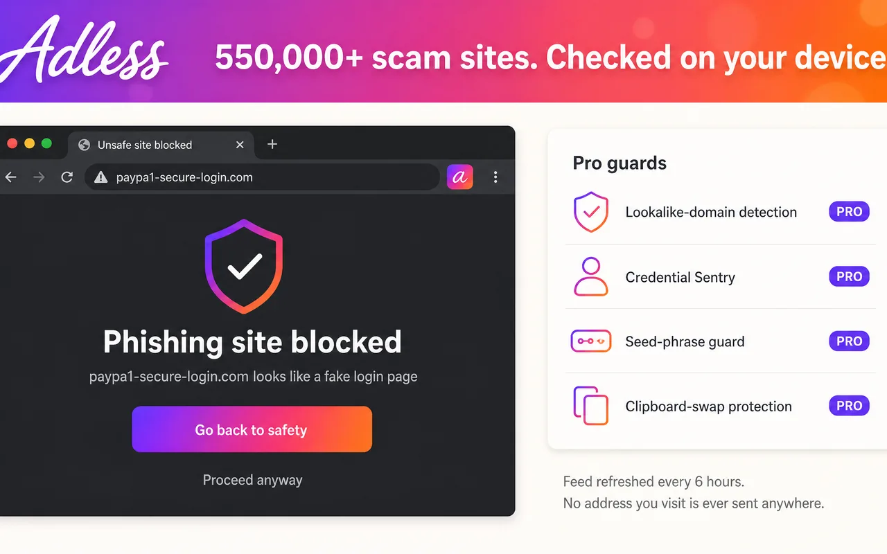 Adless blocking a phishing site