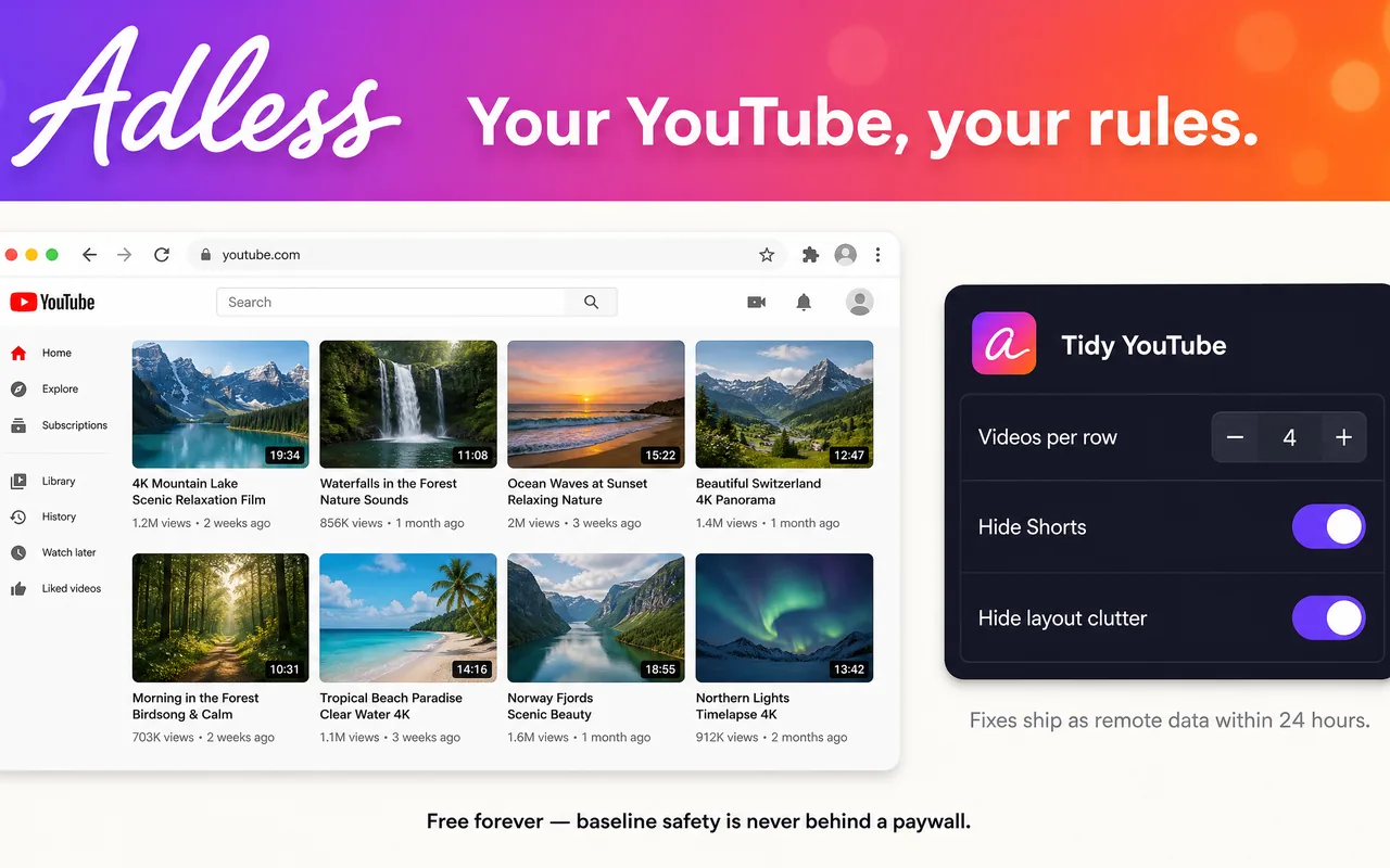 A tidied YouTube grid with the Tidy YouTube panel